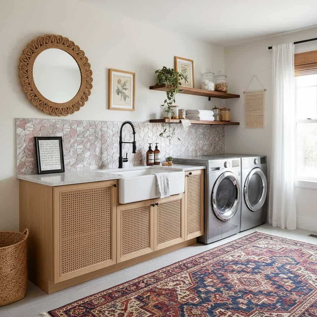 Modern laundry room with peel and stick tile backsplash, washer, dryer, and stylish decor.
