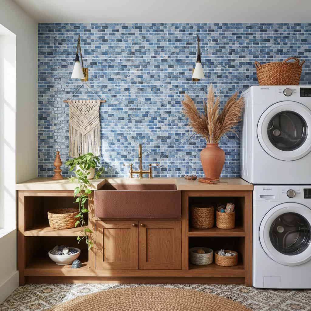 Blue glass tile backsplash behind laundry area with wooden cabinetry and decor accents.