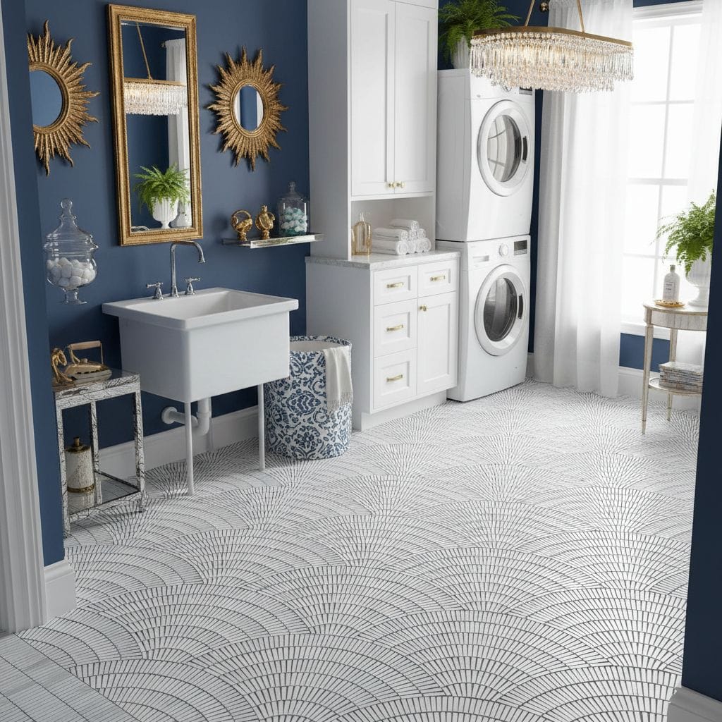 Bright laundry space featuring white cabinets, stacked washer and dryer, and decorative gold accents.