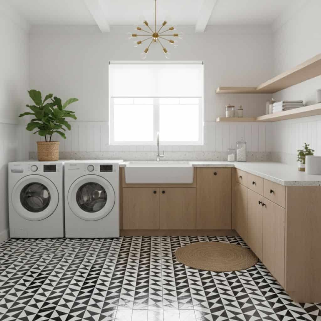 Bright laundry room with light wood cabinets, white walls, and a black-and-white geometric patterned floor tile. Features a l.
