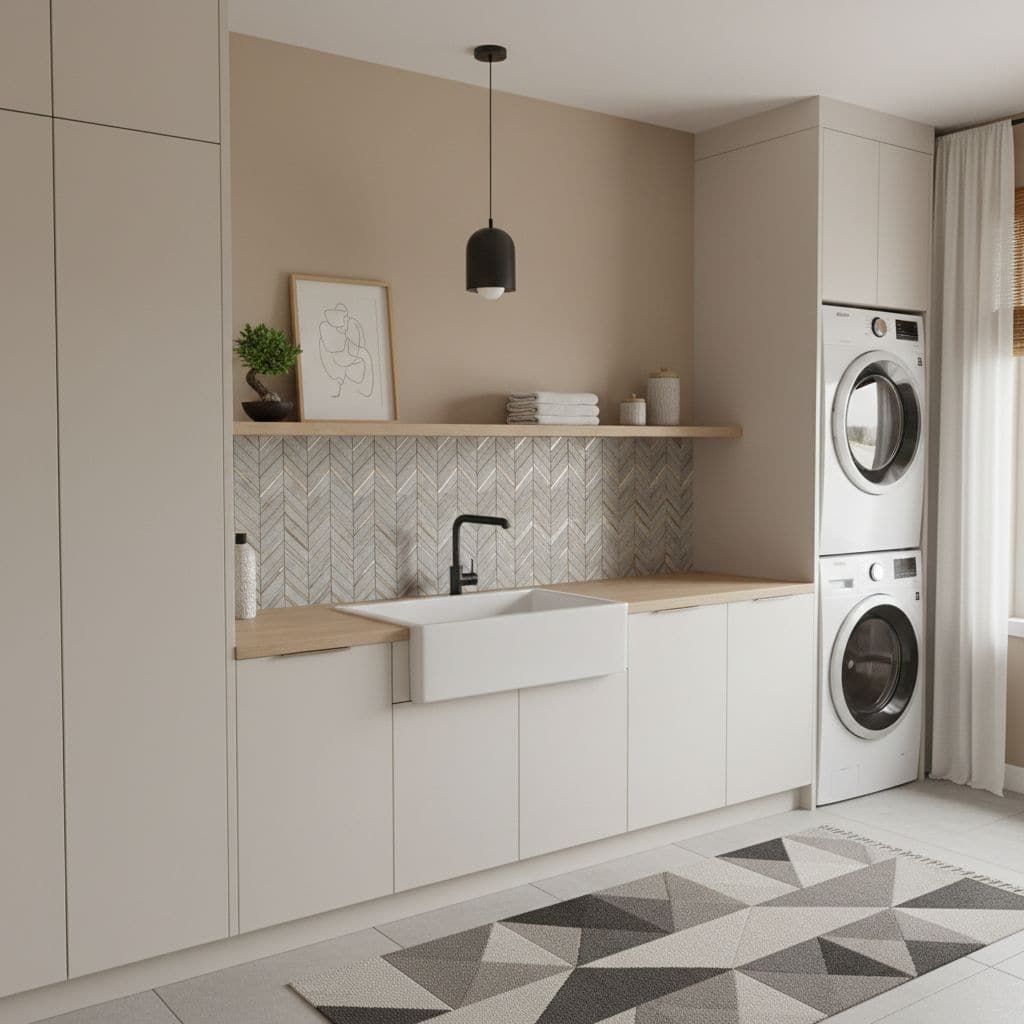 A modern laundry room featuring peel and stick wall tiles behind the sink and a stacked washer and dryer for space efficiency.