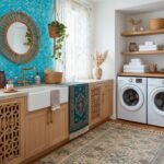 Bright laundry room featuring a beautiful mother of pearl shell tile backsplash behind the sink. Elegant and durable shell ti.