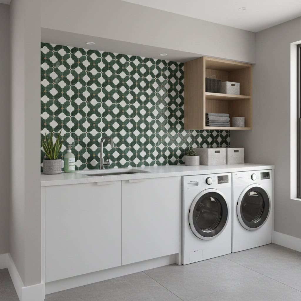 Bright green and white patterned ceramic tile with textured surface.