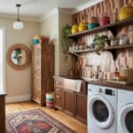 Modern kitchen with peel and stick tile backsplash, wooden cabinets, and open shelves with colorful baskets and decor.
