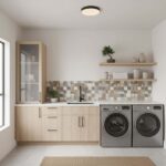 Bright laundry room with peel and stick wall tiles behind washer and dryer.