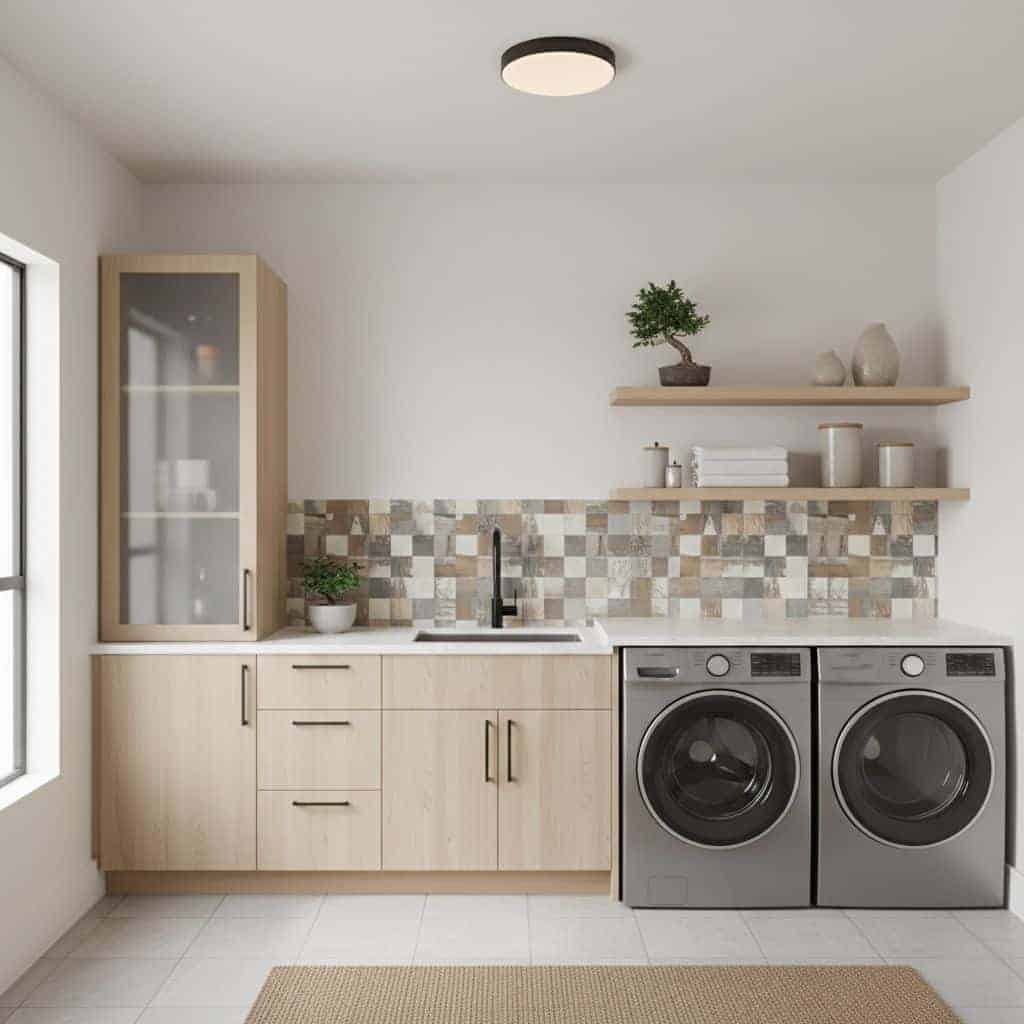 Bright laundry room with peel and stick wall tiles behind washer and dryer.