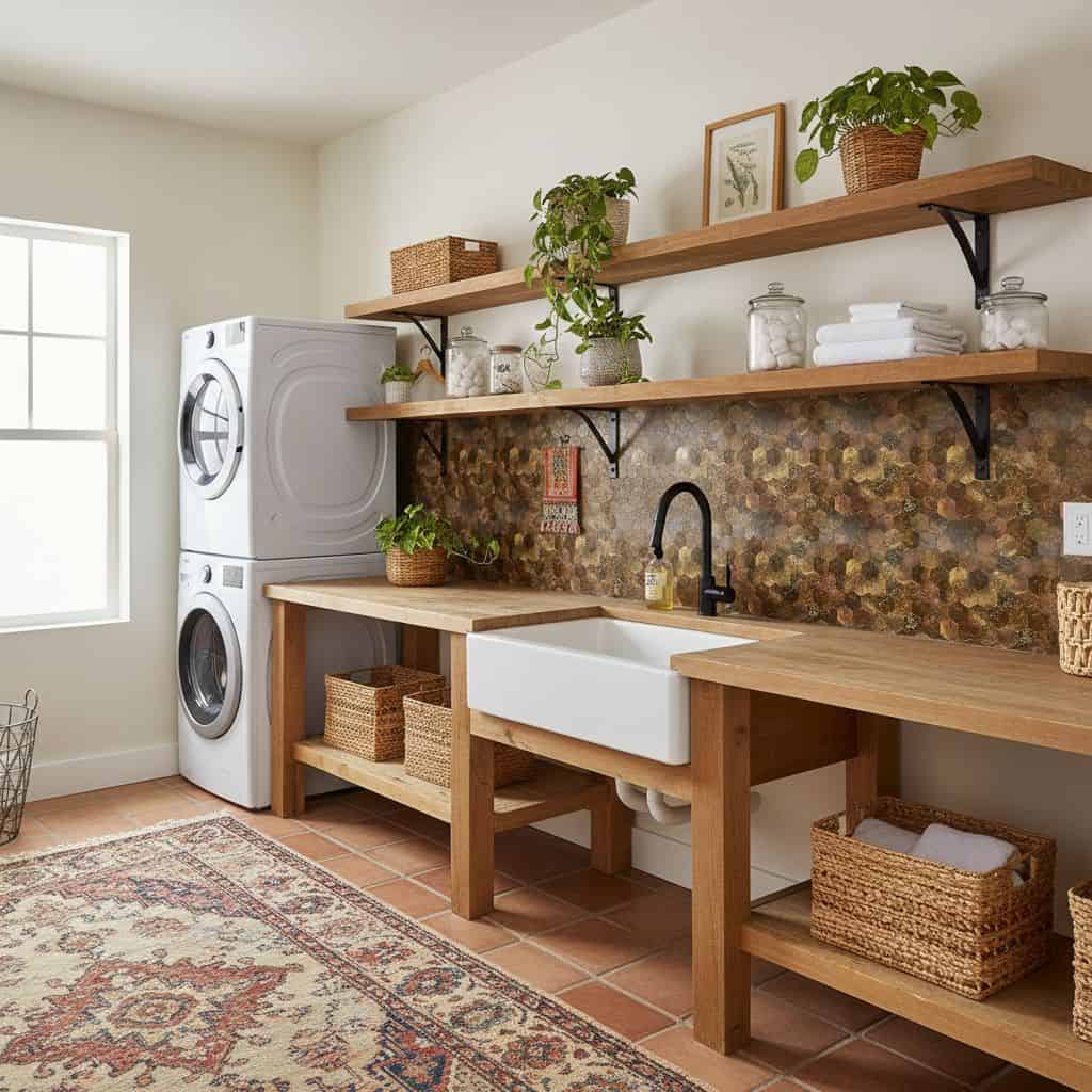 Laundry room with peel and stick wall tiles, wooden shelves, and a farmhouse sink for a functional, stylish space.