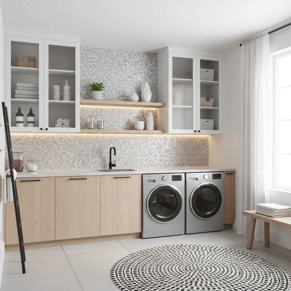 Modern laundry room with peel and stick wall tiles, washer, dryer, and minimalist decor.