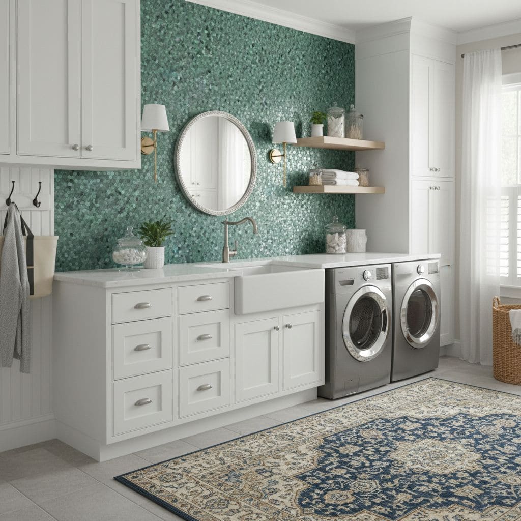 Modern laundry room with peel and stick wall tiles, white cabinetry, and front-loading washer and dryer.