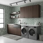 Modern laundry room with peel and stick wall tiles, washer, dryer, and wooden cabinets.
