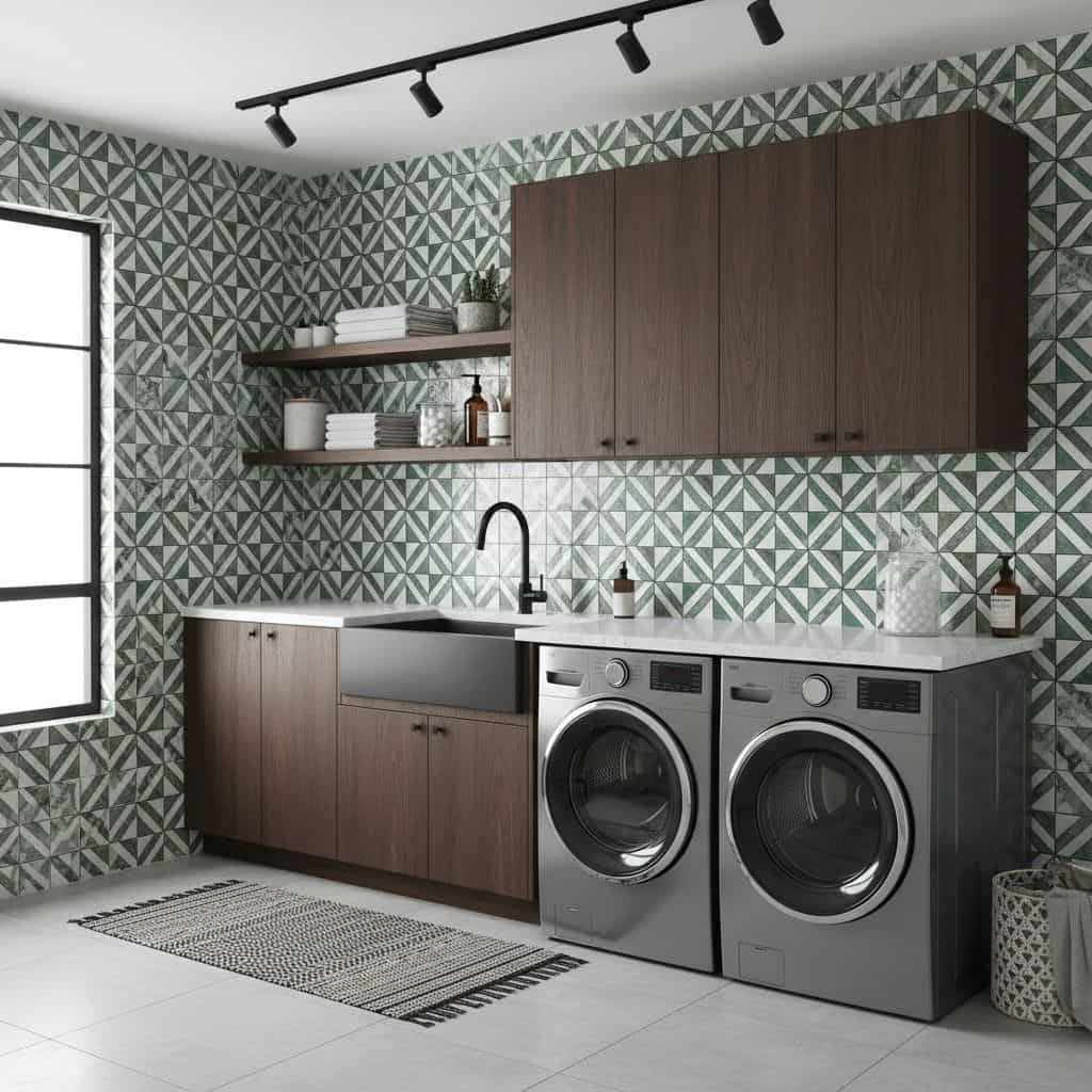 Modern laundry room with peel and stick wall tiles, washer, dryer, and wooden cabinets.