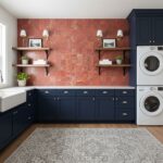 Red stone tile with textured surface in a kitchen setting.