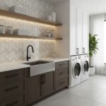 Modern laundry room with peel and stick wall tiles, white cabinets, and a large window with a potted plant.