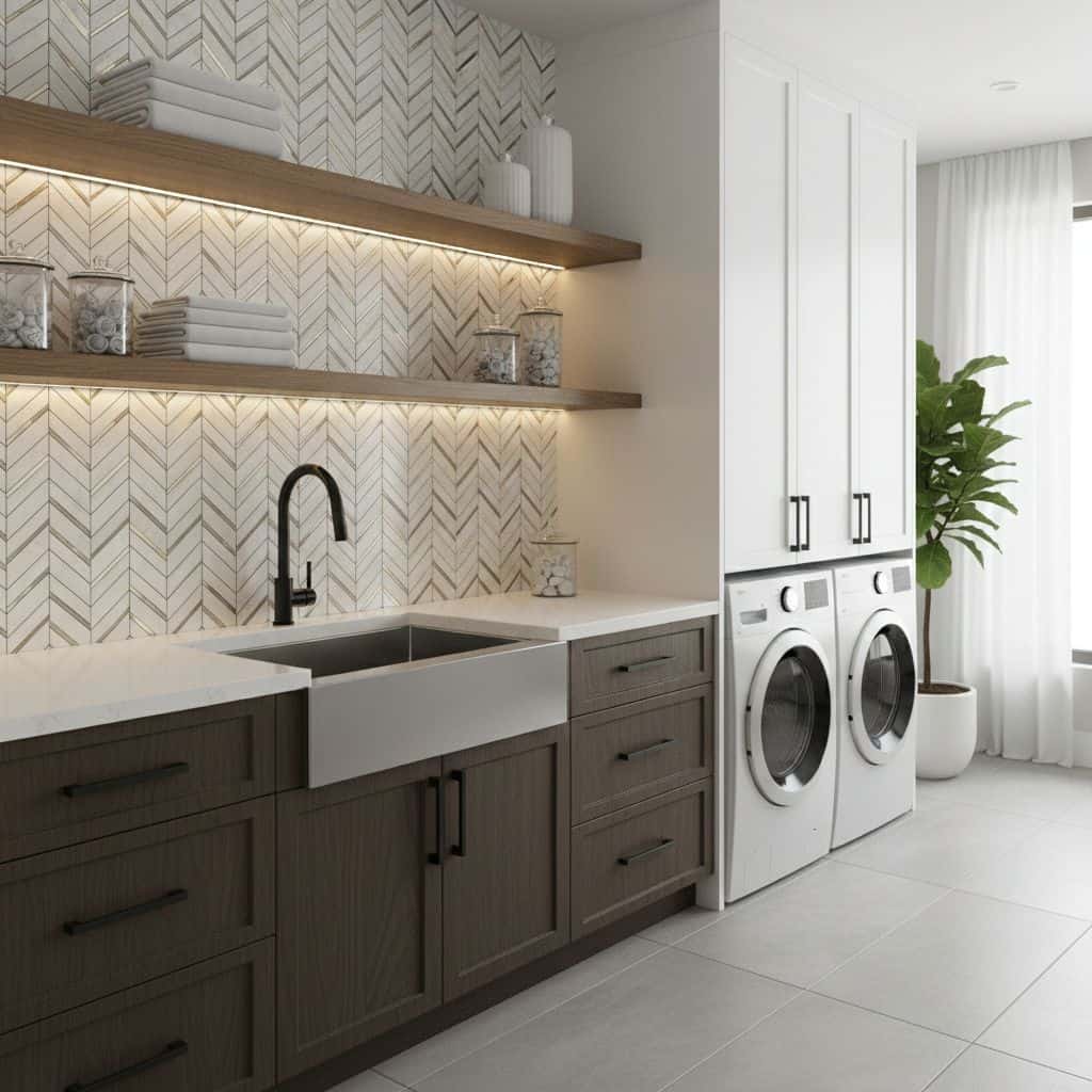 Modern laundry room with peel and stick wall tiles, white cabinets, and a large window with a potted plant.