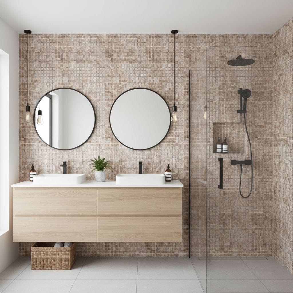 A modern bathroom featuring glass mosaic tiles on the wall, a double vanity with round mirrors, and a sleek shower with glass.