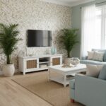 Mother of pearl shell tile used as a decorative wall feature in a modern living room.