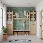 Bright modern entryway with peel and stick wall tile backsplash and wooden storage cabinets.