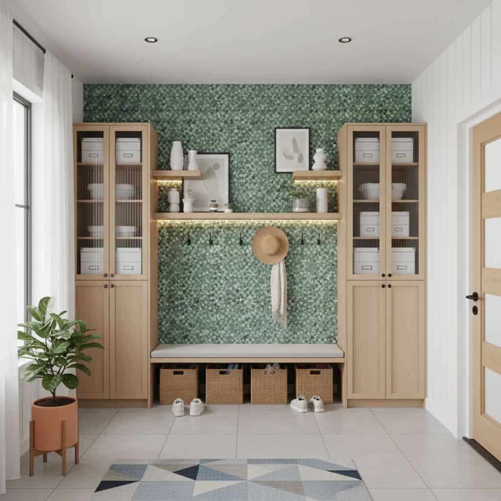 Bright modern entryway with peel and stick wall tile backsplash and wooden storage cabinets.