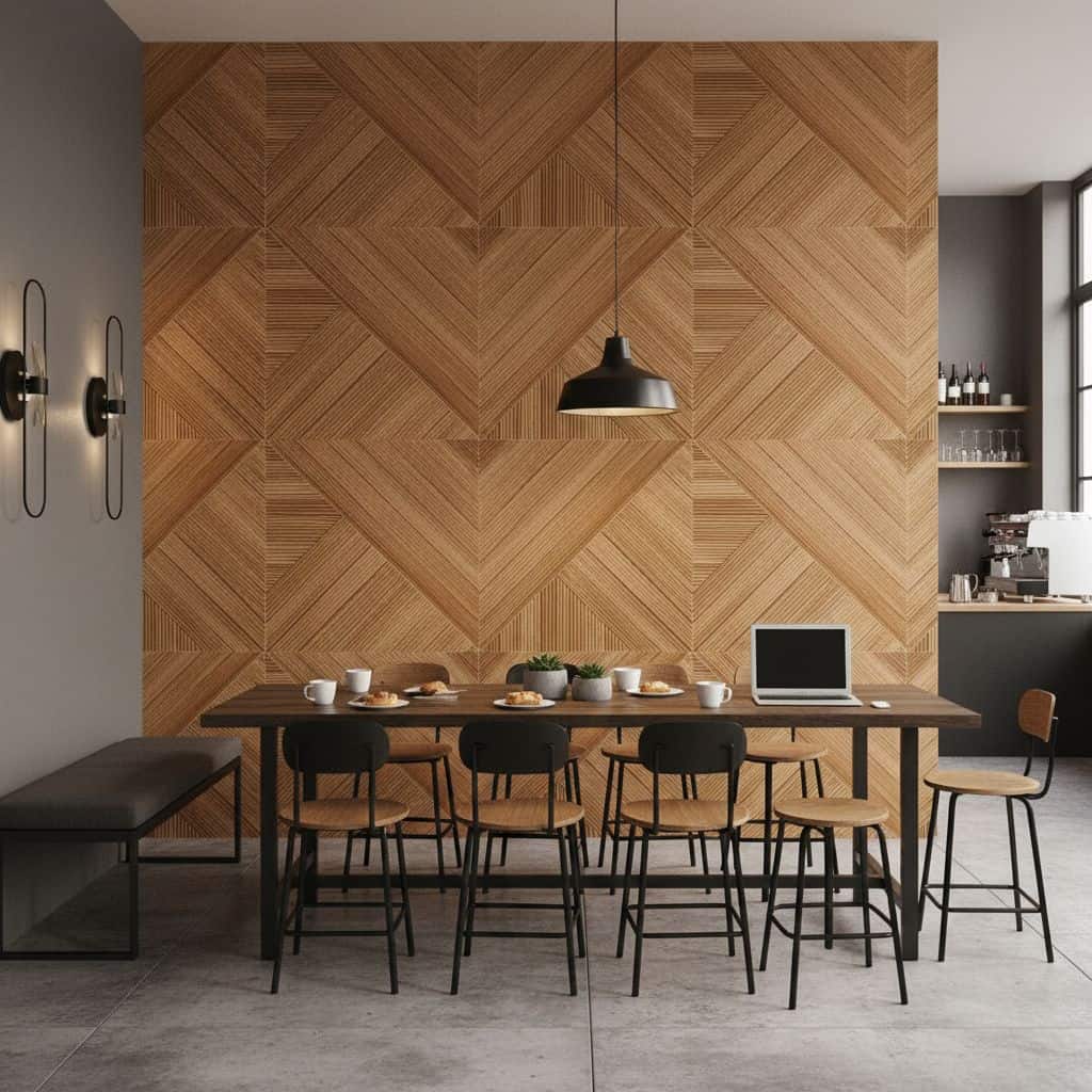 Wood-textured tile with geometric pattern in warm brown tones, smooth finish, and natural wood appearance.
