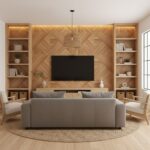 Wooden wall panel with geometric chevron pattern in natural oak finish.