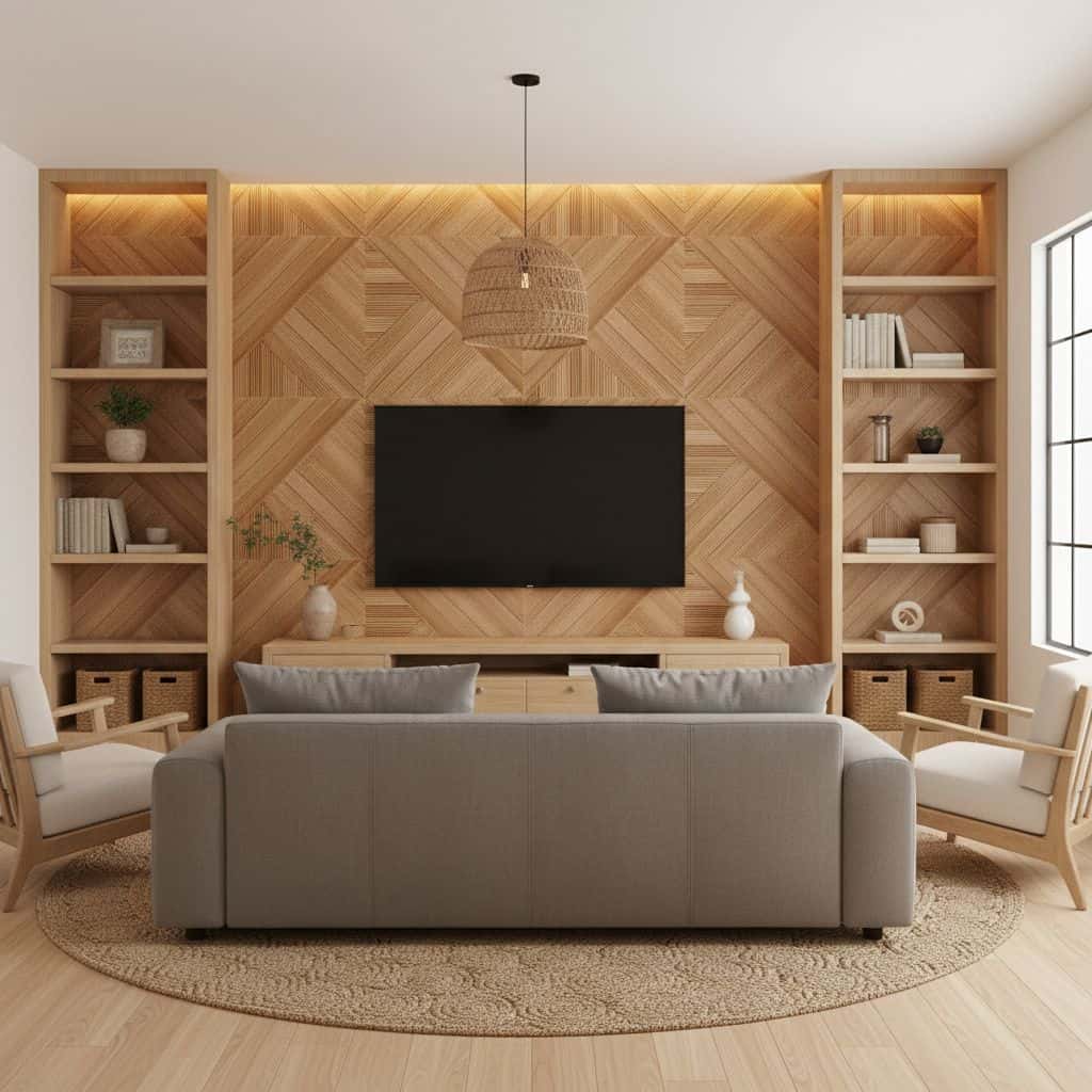 Wooden wall panel with geometric chevron pattern in natural oak finish.
