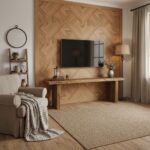 Warm-toned wooden chevron wall paneling with textured finish, enhancing cozy living room ambiance.