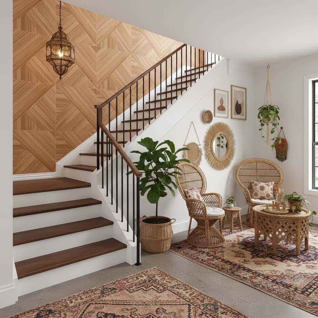 Wooden herringbone tile wall with staircase and cozy seating area, natural decor accents, and a patterned rug.
