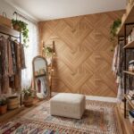 Warm-toned wood wall tile with chevron geometric design, smooth texture, and natural finish.