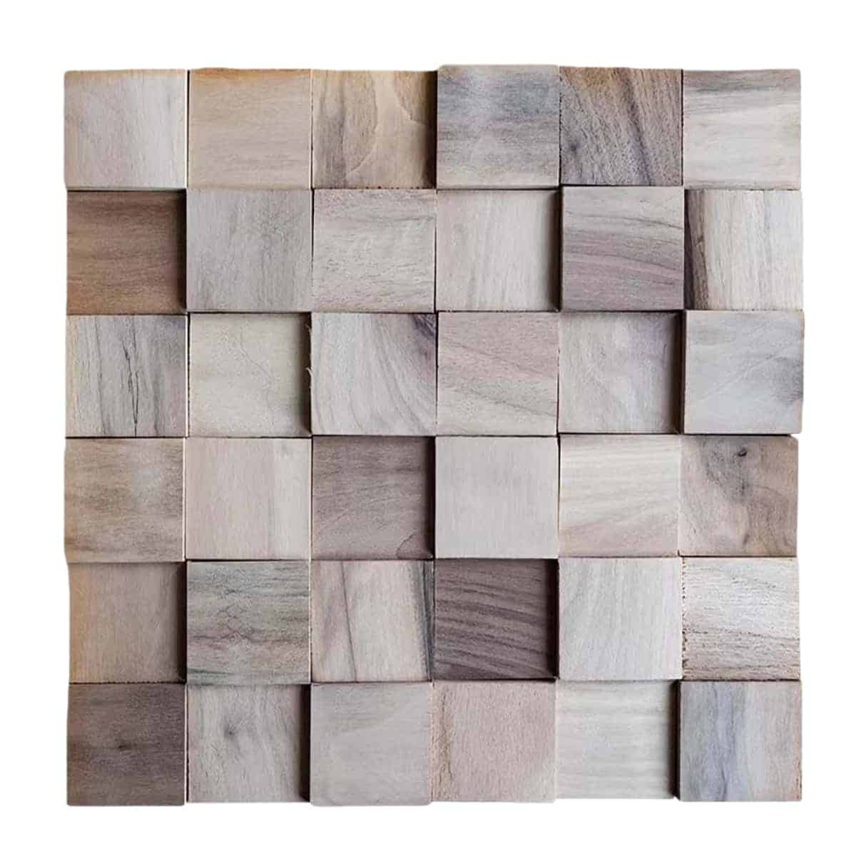 Natural wood tile with a smooth texture and light beige, gray, and brown tones.