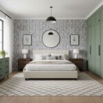 Gray textured ceramic tile with subtle pattern, perfect for bedroom accent walls.
