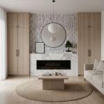A cozy living room featuring a marble fireplace, wooden cabinets, and neutral-toned furniture. Elegant and minimalist design.