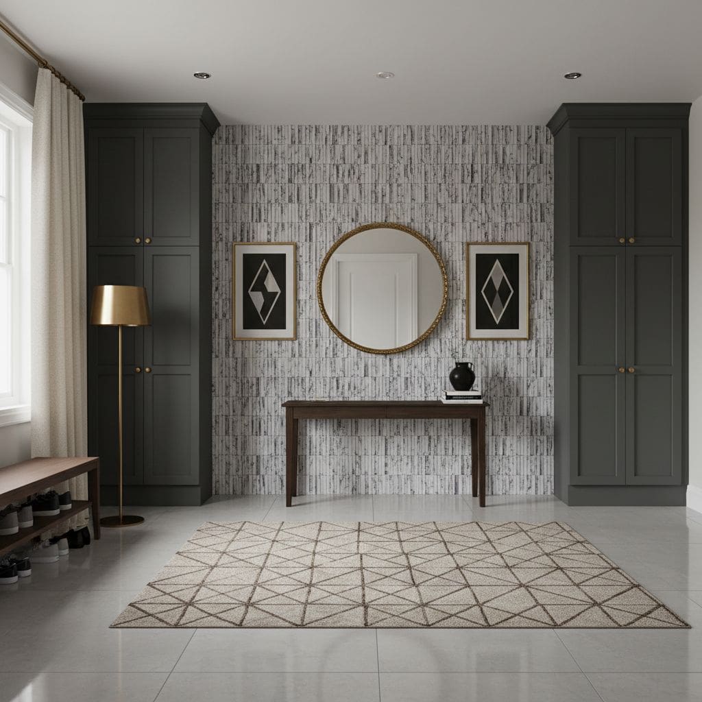 Bright, textured gray and white wall tiles with a smooth finish.