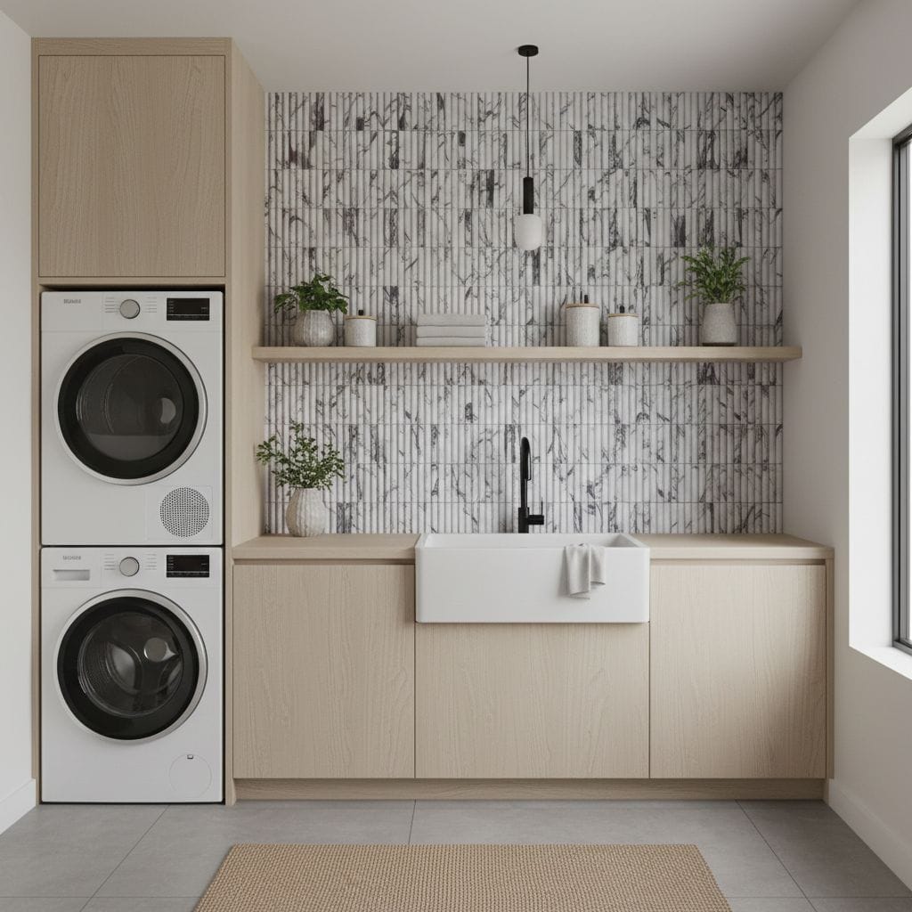 Bright laundry room with white and gray marble tile wall, black faucet, and light wood cabinets, featuring potted plants and.