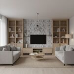 Bright living room with beige sofas, wooden shelves, and a textured wall behind the TV. Neutral tones and minimalist decor cr.