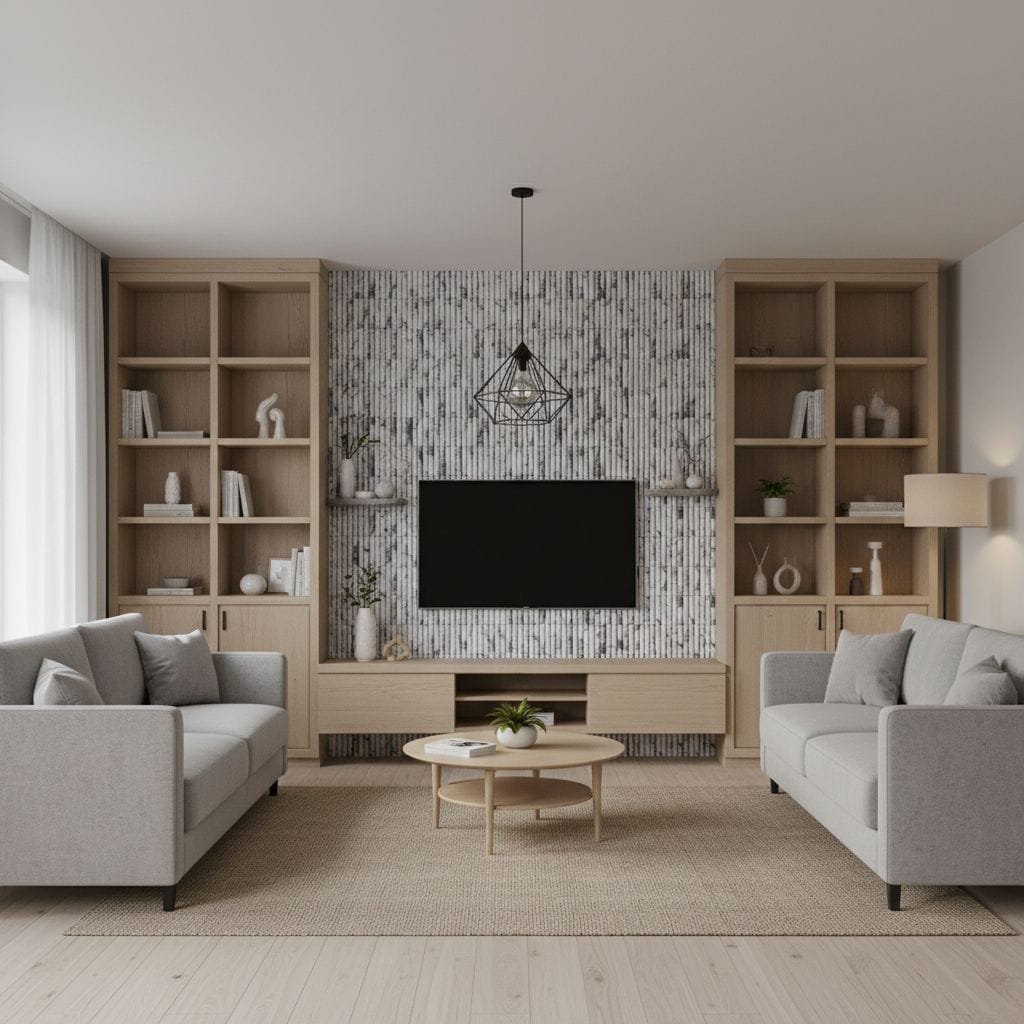 Bright living room with beige sofas, wooden shelves, and a textured wall behind the TV. Neutral tones and minimalist decor cr.