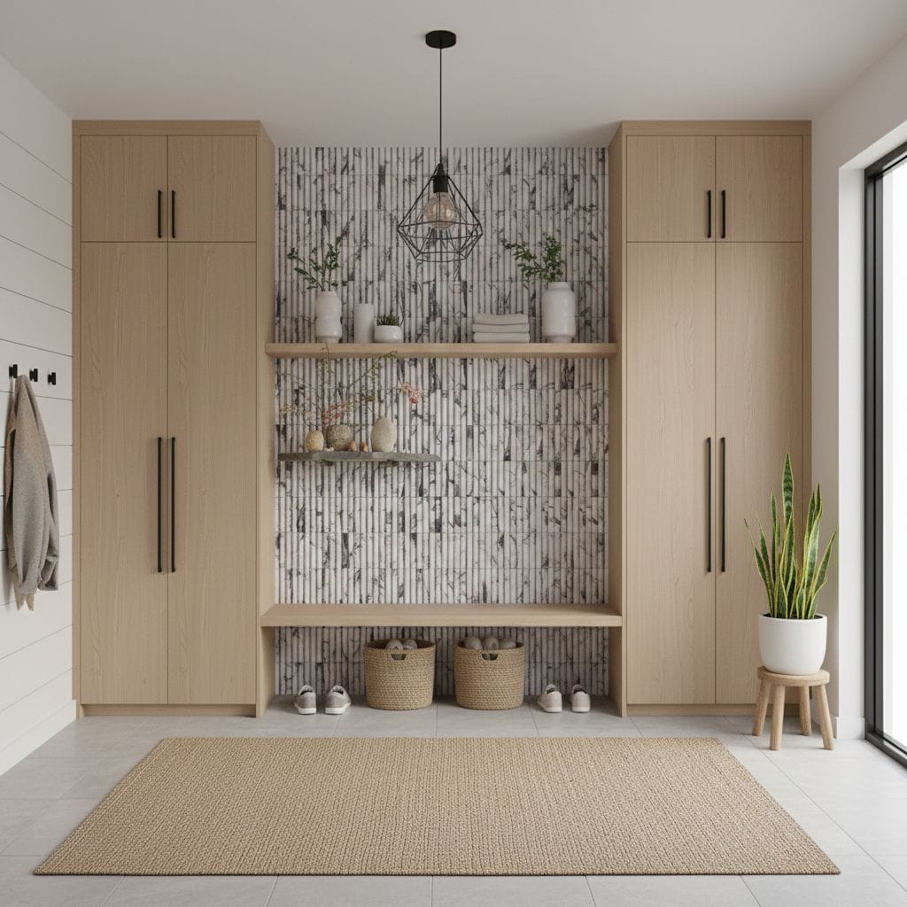 Beige wood cabinets with textured mosaic tile backsplash, neutral decor, and natural lighting.
