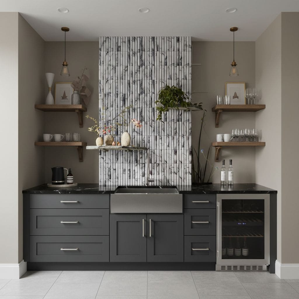 Gray kitchen backsplash tile with a textured, stone-like surface and a vertical pattern.