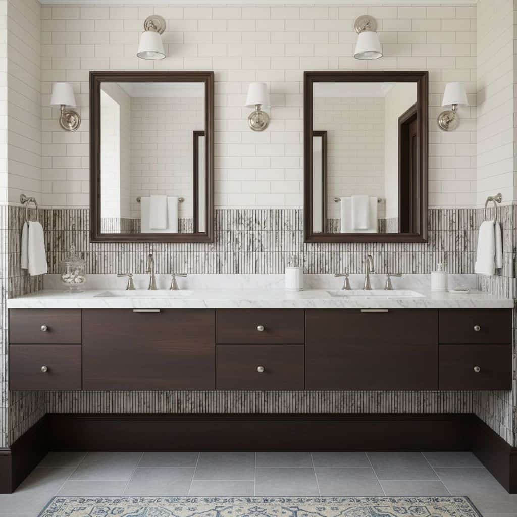 Bright white subway tiles with a smooth texture and glossy finish, paired with dark wood vanity for a modern look.