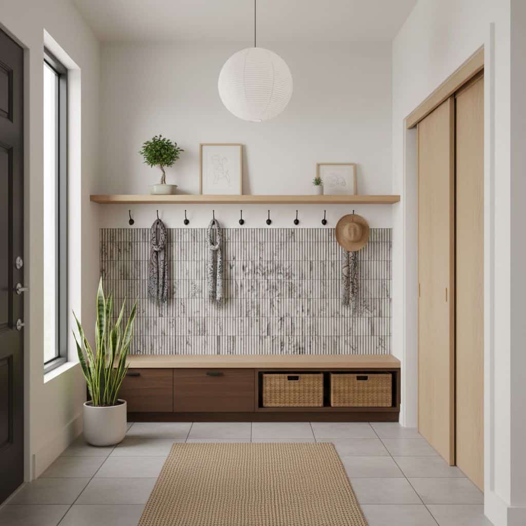 Decorative tile wall with hooks and woven baskets in a modern entryway.