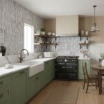Gray textured ceramic tile wall in kitchen setting.