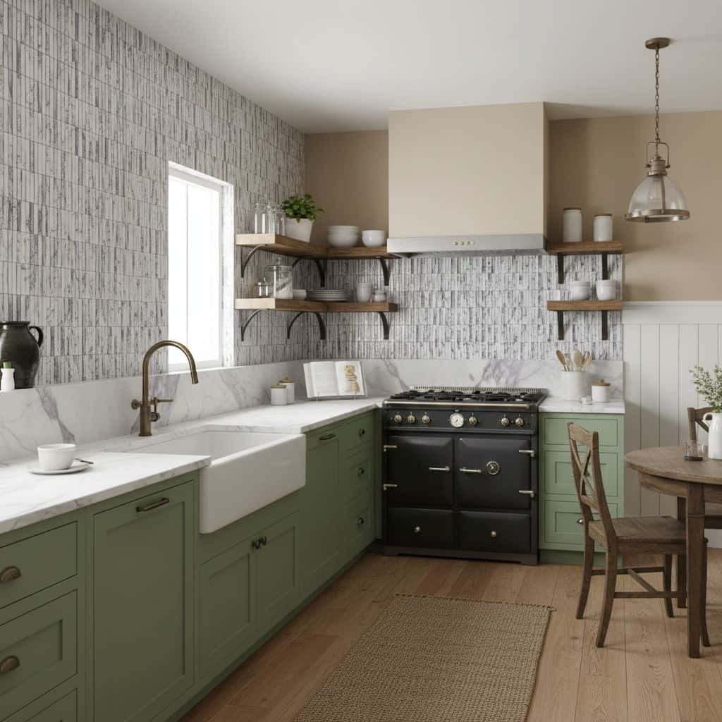 Gray textured ceramic tile wall in kitchen setting.