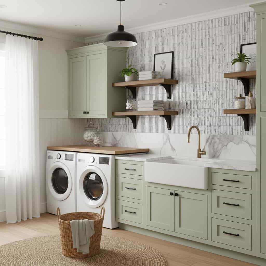 Bright laundry room featuring sage green cabinets, white farmhouse sink, and textured gray and white tile backsplash.