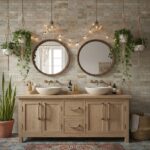 Wooden vanity with a natural finish, featuring two sinks, drawers, and cabinet storage.