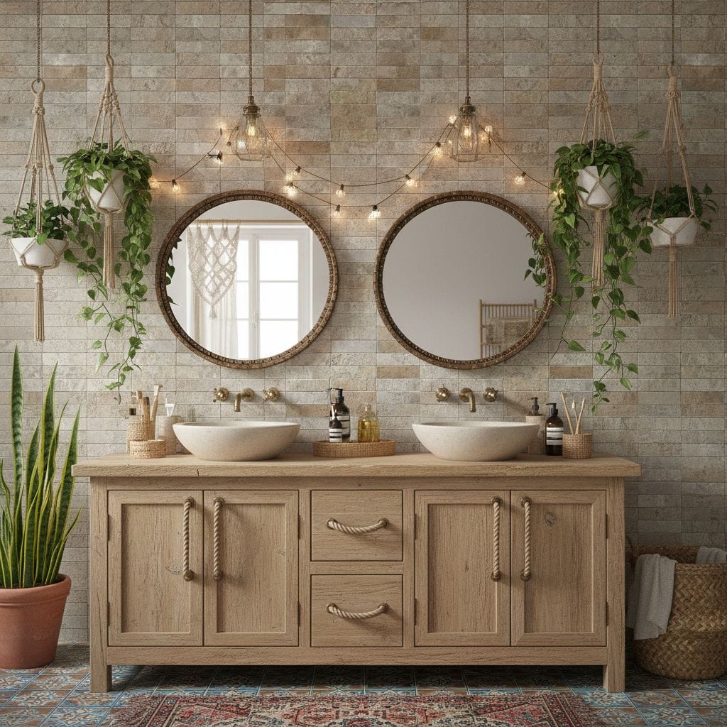 Wooden vanity with a natural finish, featuring two sinks, drawers, and cabinet storage.