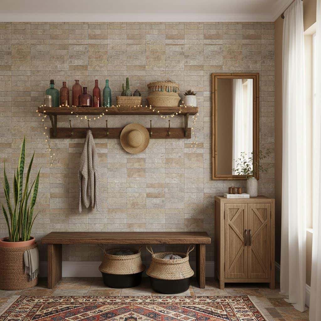 Warm beige textured tile wall with decorative bottles and woven accessories.