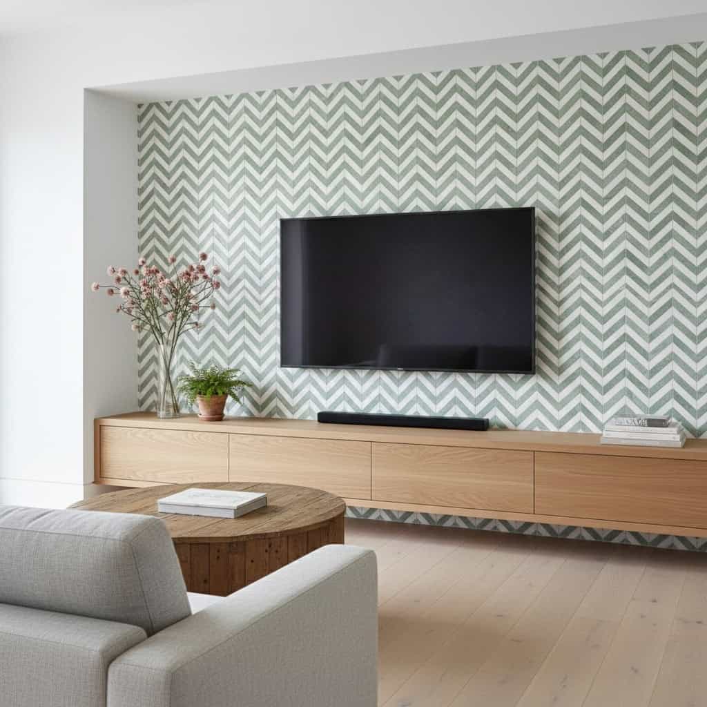 Chevron patterned wall tile in soft green and white.