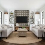 Modern living room with glass mosaic tile accent wall behind TV.
