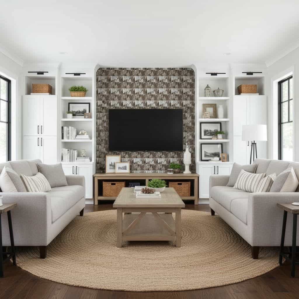 Modern living room with glass mosaic tile accent wall behind TV.