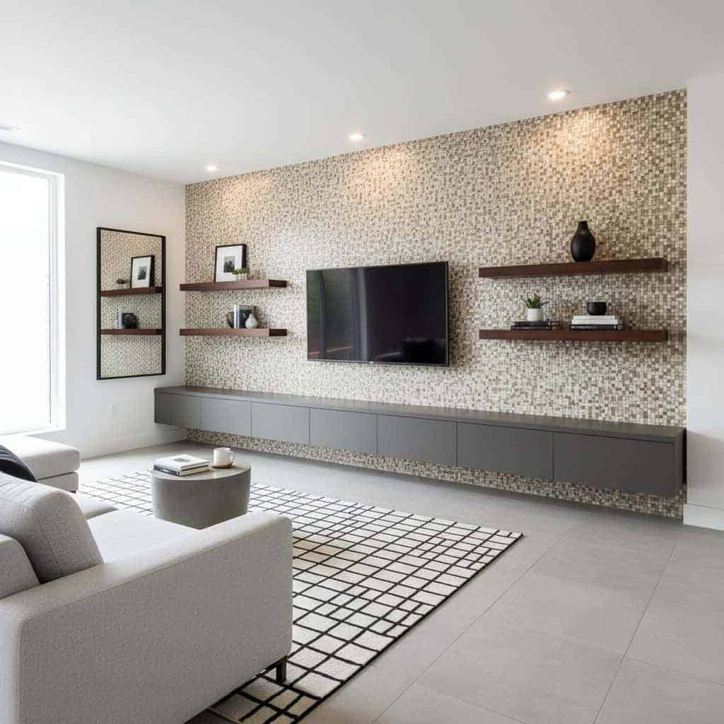 Modern living room featuring peel and stick wall tile behind TV and floating shelves, creating a stylish and easy-to-install.