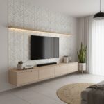 Modern living room featuring peel and stick wall tile behind TV, with minimalist decor and natural light.